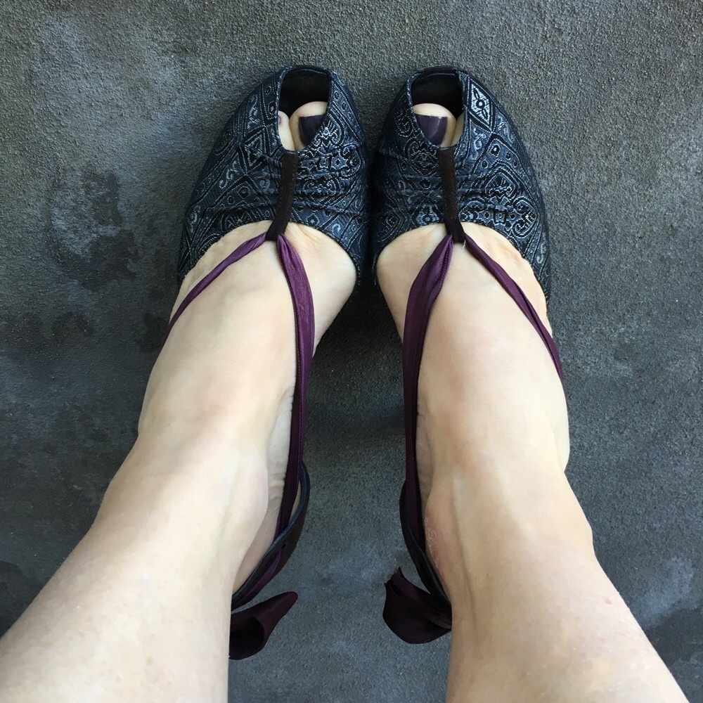 Anthropologie Black Embossed Peep-Toe Heels with Purple Wrap Straps